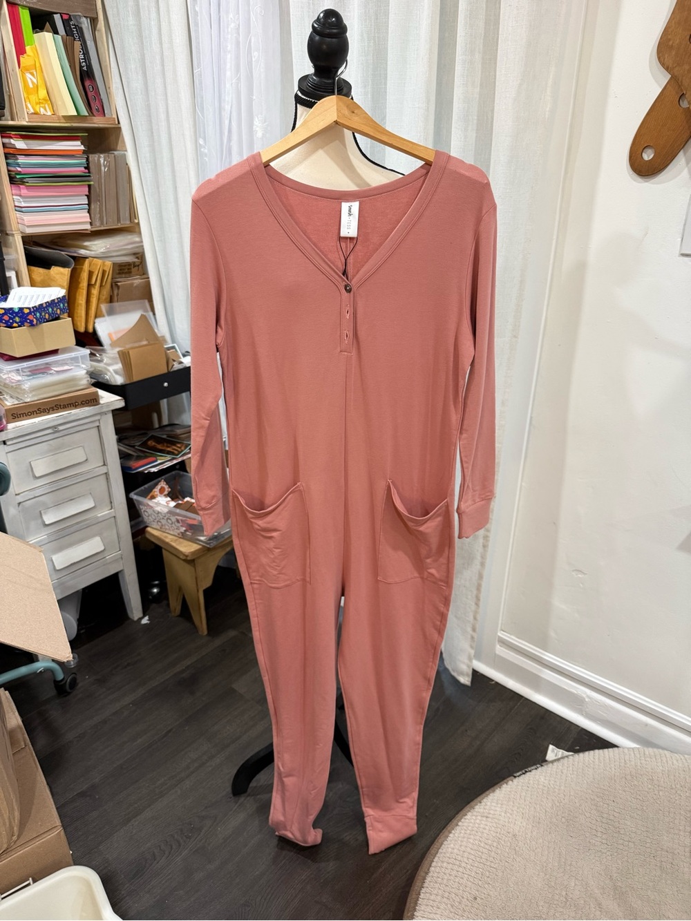 Smash + Tess Long-Sleeve Henley Jumpsuit in Dusty Rose